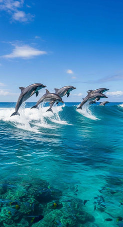 Group of dolphins leaping out of turquoise ocean waves under a bright blue sky with clouds