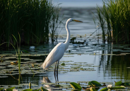 A white heron stands in calm water with lily pads and surrounded by tall green reeds and grasses.