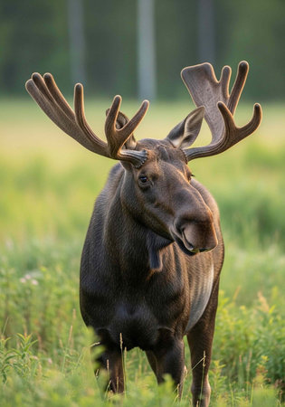 A large moose with impressive antlers stands in a grassy field, surrounded by greenery.