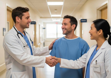 Doctor and nurse shaking hands with patient in hospital, smiling faces, white coats, blue scrubsの写真素材