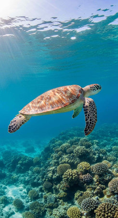 A sea turtle glides through clear blue ocean water above a coral reef with sunlight shining through