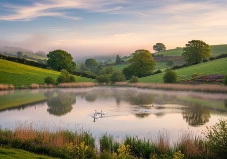 Peaceful lake with swans, surrounded by green hills, trees, and colorful wildflowers under a blue skyの写真素材