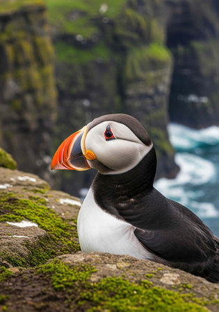 Puffin with distinctive beak and feathers sits on green mossy rock by oceanの写真素材