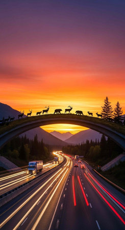 Highway overpass with deer silhouettes at sunset, traffic lights streaking by
