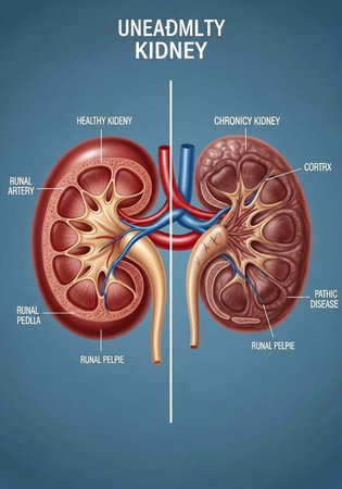 Illustration of healthy and chronic kidneys with labeled renal artery, pelvis, and other parts