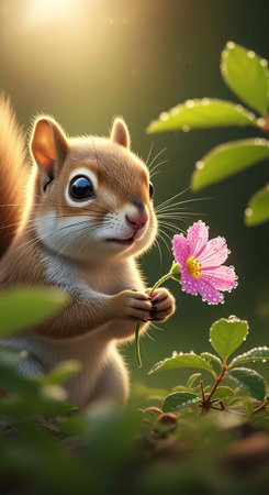 Squirrel holds pink flower with green leaves and sunlight in natural outdoor setting