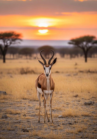 A single springbok antelope stands in a dry savanna field with trees at sunset