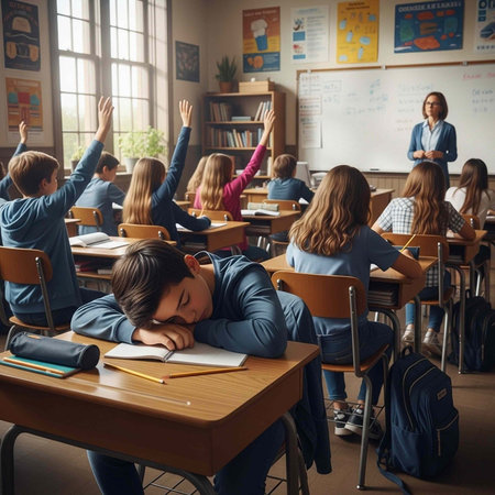 A classroom scene with students and a teacher, some students raising hands, one sleeping