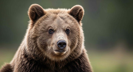 Brown bear with thick fur and alert expression, looking directly at the camera in a serene outdoor...
