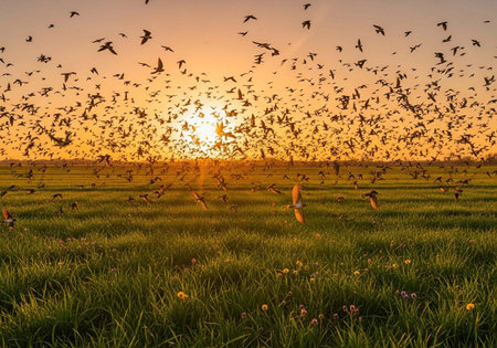 Large flock of birds in flight over grassy meadow at sunset with orange sky