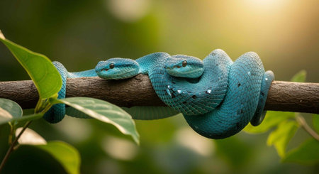 A blue snake coils around a tree branch with green leaves in a natural setting.