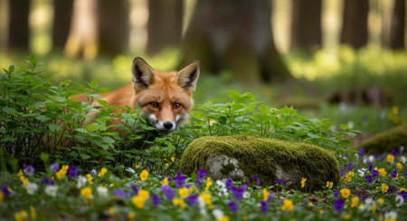 A red fox lies hidden in green undergrowth, surrounded by vibrant wildflowers and moss-covered...