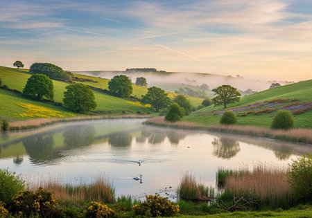 Peaceful lake surrounded by lush green hills, trees, and vegetation under blue sky with wispy clouds