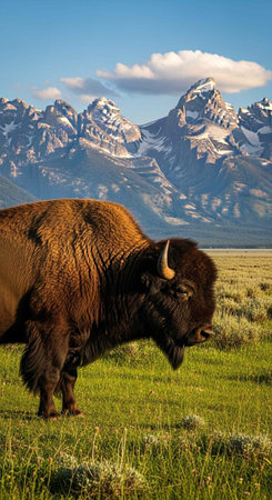 Large brown bison with curved horns stands in a grassy field with mountains and blue sky behind