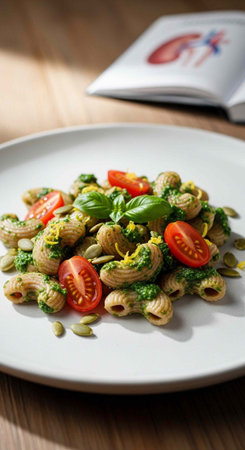 A plate of pasta salad with tomatoes, basil, and seeds on a wooden table with a book