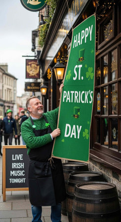 Man in green shirt and black apron holding St. Patrick's Day sign outside pub