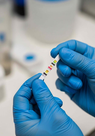 Blue gloved hands carefully examine a test strip with colored blocks in a lab environment.の写真素材