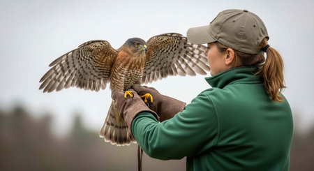 Female falconer with green jacket and cap holds bird with wings spread wide