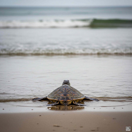 A sea turtle slowly emerges from the ocean onto a sandy beach