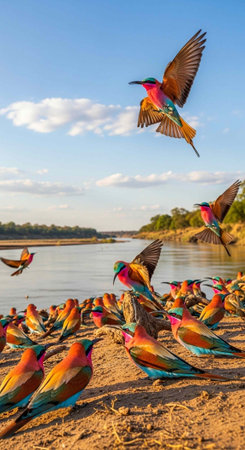 Colorful birds with pink, blue, and orange feathers on sandy riverbank with some in flight