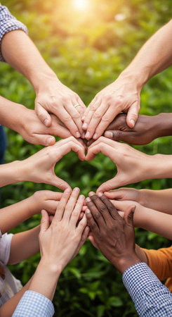 Multiple hands of different skin tones stacked together forming a heart shape