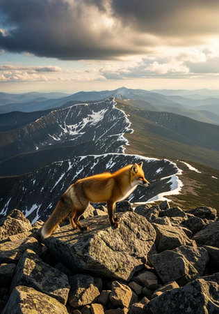 Red fox on rocky outcrop overlooking snow-covered mountains and vast landscape under cloudy sky