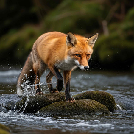 Fox with orange fur and white muzzle stands on rocks in river with water splashing around