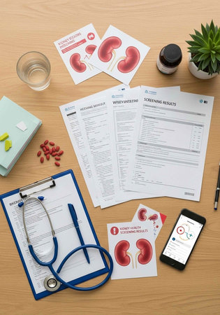 Medical workspace with kidney health materials, stethoscope, pills, and papers on a wooden deskの写真素材
