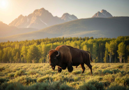 Large brown bison in a grassy field with trees and mountains under a clear sky