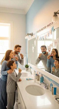 Family of four brushing teeth in bathroom with large mirror and white countertops