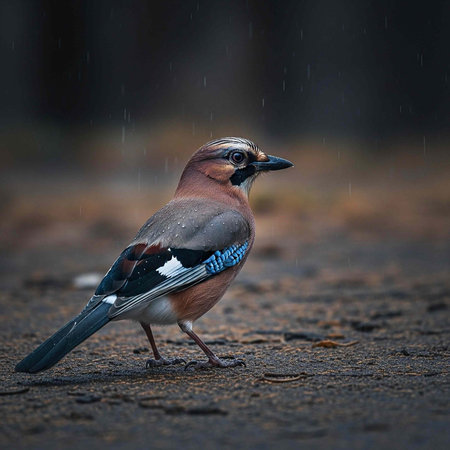 A jay bird with brown, blue, black, and white feathers stands on wet ground in the rain.の写真素材