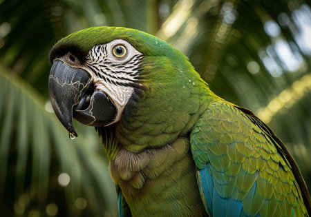 Close-up of a green parrot with distinctive black beak and white face feathers outdoors