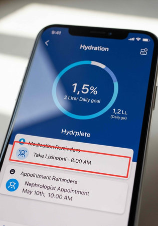 Mobile phone showing health app with hydration tracker, medication reminder, and appointment...
