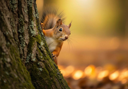 A red squirrel with white and orange fur stands behind a tree, looking curiously to the side.