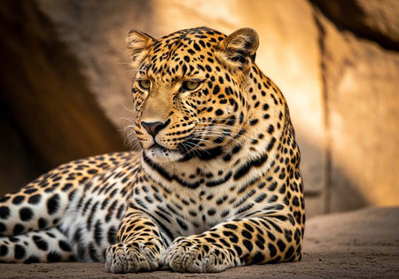 Leopard lies on rocky ground, displaying vibrant spots and serene expression in warm, sunlit...