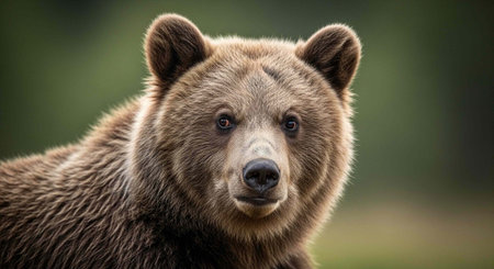 Brown bear with thick fur and alert expression, looking directly at camera in outdoor setting
