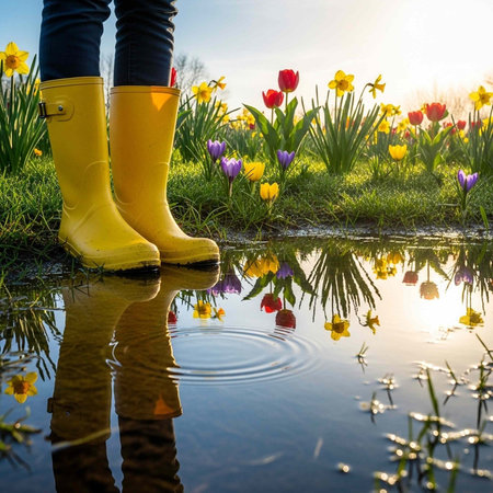 Yellow rain boots reflected in puddle with vibrant flowers and lush green grass in background