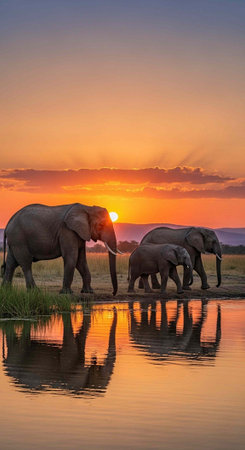 Three elephants walking by calm water with sunset background and reflection