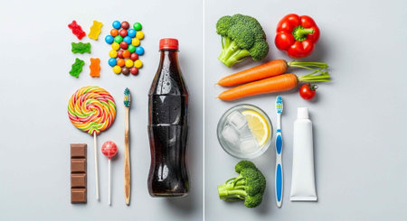 Divided layout of nutritious vegetables, fruits, and hygiene items versus sugary snacks and soda