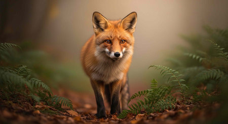 A red fox stands amidst ferns and fallen leaves, gazing directly at the camera with alert...