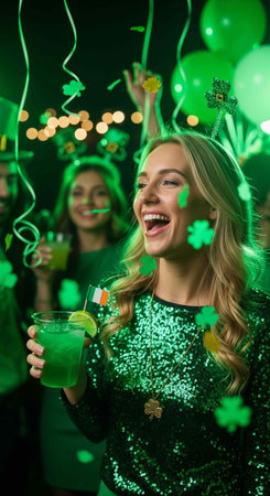 Blonde woman in green sequins holding green cocktail, surrounded by festive decorations and friends