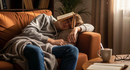 Woman dozes off on orange couch with book on face, blanket, and coffee mug nearby