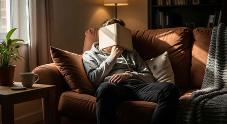 Person in gray hoodie and black pants sitting on couch with VR headset, coffee table beside