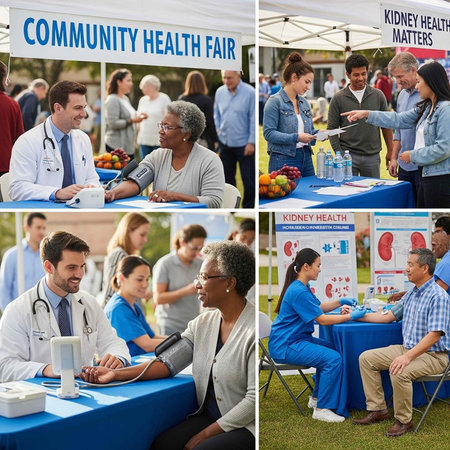 Doctors and patients interact at outdoor community health fair with kidney health information