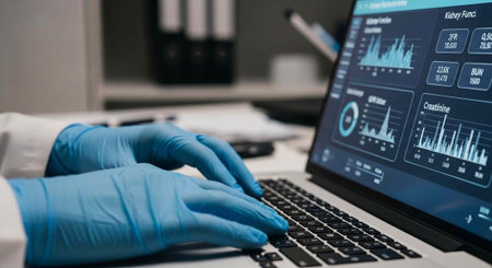 Close-up of gloved hands on laptop keyboard with data graphs on screen in blurred office background