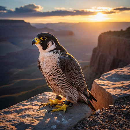 Peregrine falcon sits on cliff edge, overlooking vast canyon landscape during warm sunset