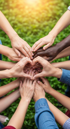 Diverse group of people joining hands in a heart shape on a sunny green field outdoors togetherの写真素材