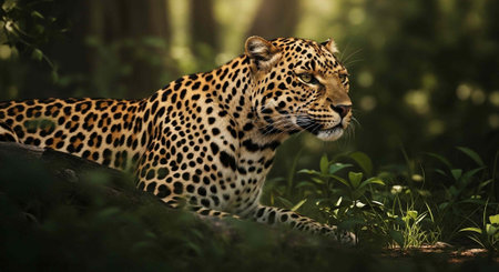A leopard lies in wait in a dense forest surrounded by lush greenery and vibrant foliage.