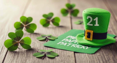 A festive St. Patrick's Day setup with a green hat and clover leaves on a wooden table