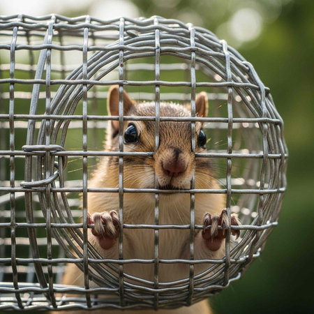 A curious squirrel is trapped in a metal cage outdoors in a natural setting.